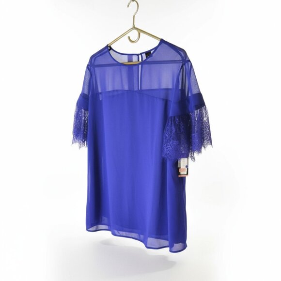 Worthington Blue Blouse NWT Size 2X – Sheer Lace Sleeve Top - Picture 1 of 11